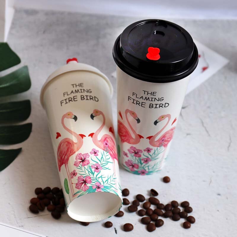 50pcs white flamingo cup 500ml disposable coffee cup party birthday favor beverage paper cup with love lid