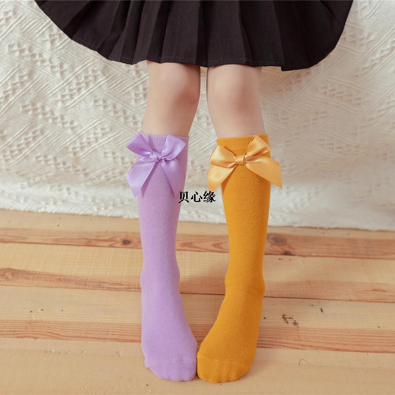 Medias hasta la rodilla para niños y niñas, medias rectas sin talón, color puro, con lazo encantador, medias hasta la rodilla