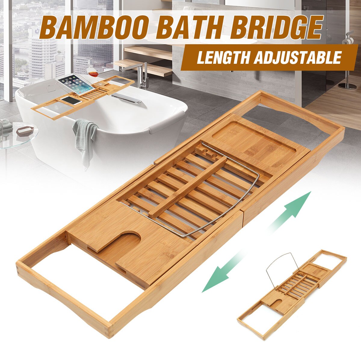 Natuurlijke Bamboe Houten Bad Caddy Tray Met Rails Ideaal Douche Organisator Rack Voor Badkamer