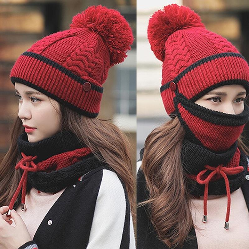 Gebreide wollen muts gebreide muts dames sportkleding plus fluweel 3 stuks/set masker sjaal set winddicht paardrijden warme buitenactiviteiten: Rood