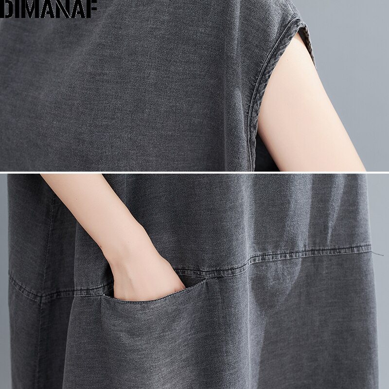 Dimanaf plus size dam klänning vintage tjocka jeans stor storlek vestidos lös dam klänning ärmlös knälång ficka