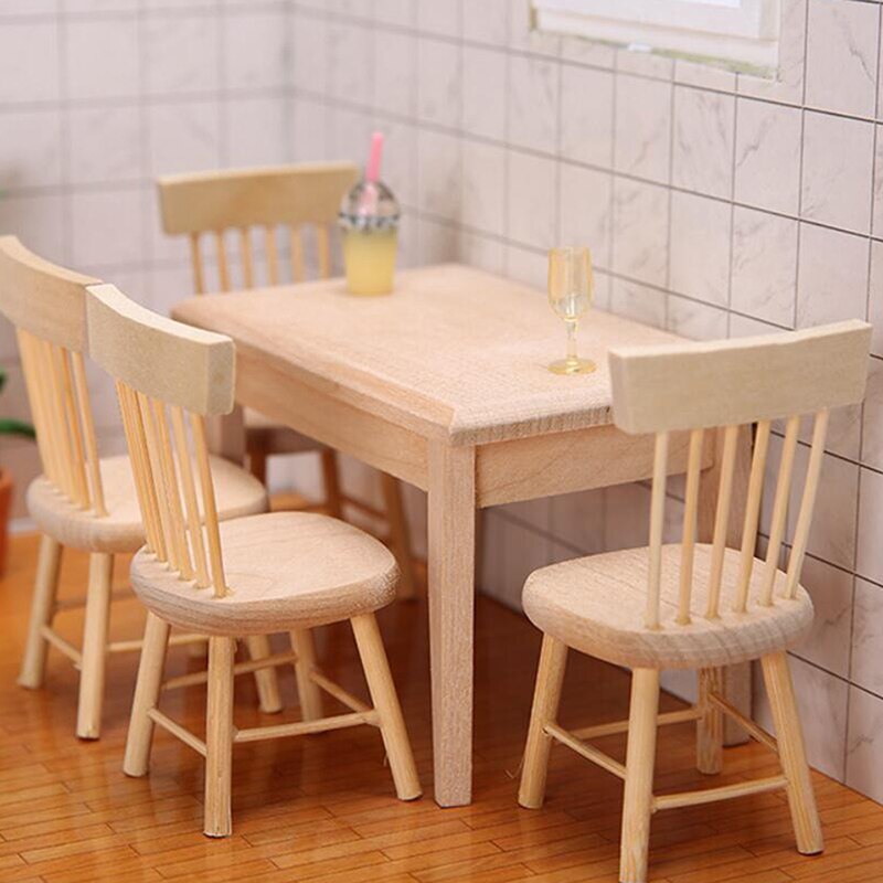 1/12 Miniature Dollhouse Furniture Wooden Dining Table Chair Simulation Toy