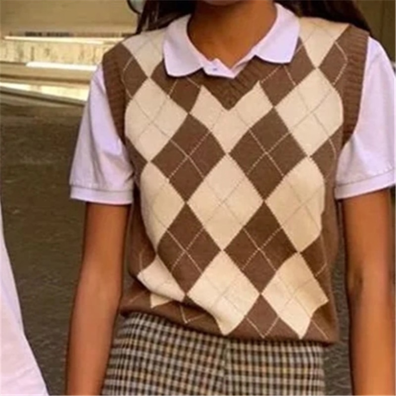 Casual Argyle Cropped Sweater Vest Women Sleeveless Knitted Pullover Ladies V Neck Preppy Style Plaid Tank Jumpers Autumn Winter