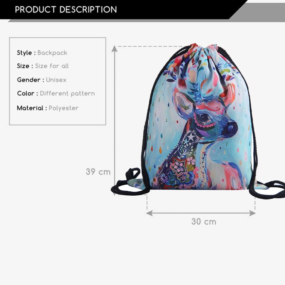 Jom tokoy 3d utskrift färgglada rådjur flickor student dragsko ryggsäck fullprinting kvinnor dragsko väska