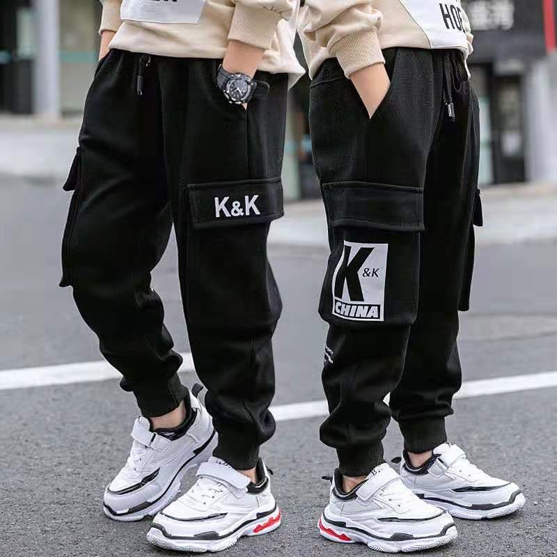 Everyin drenge bukser dreng bogstavtryk bomuld joggingbukser afslappet koreanske cargo bukser teenage børn sport multi-pocket bukser