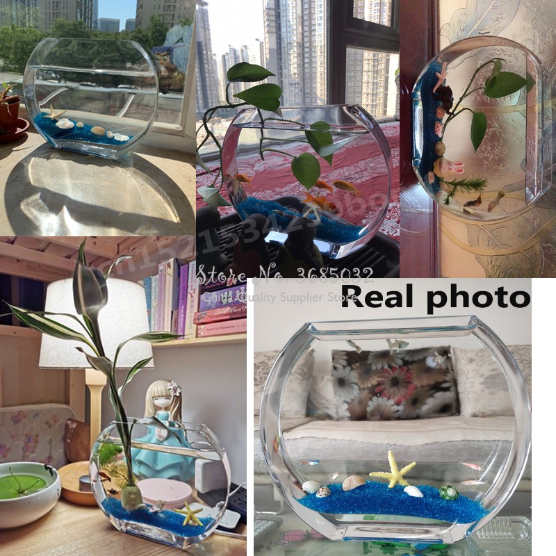 25cm Simple Round Peach Blossom Transparent Glass Fish Tank Gold Fish Tank Flat Round Mini Aquarium Fish Aquarium