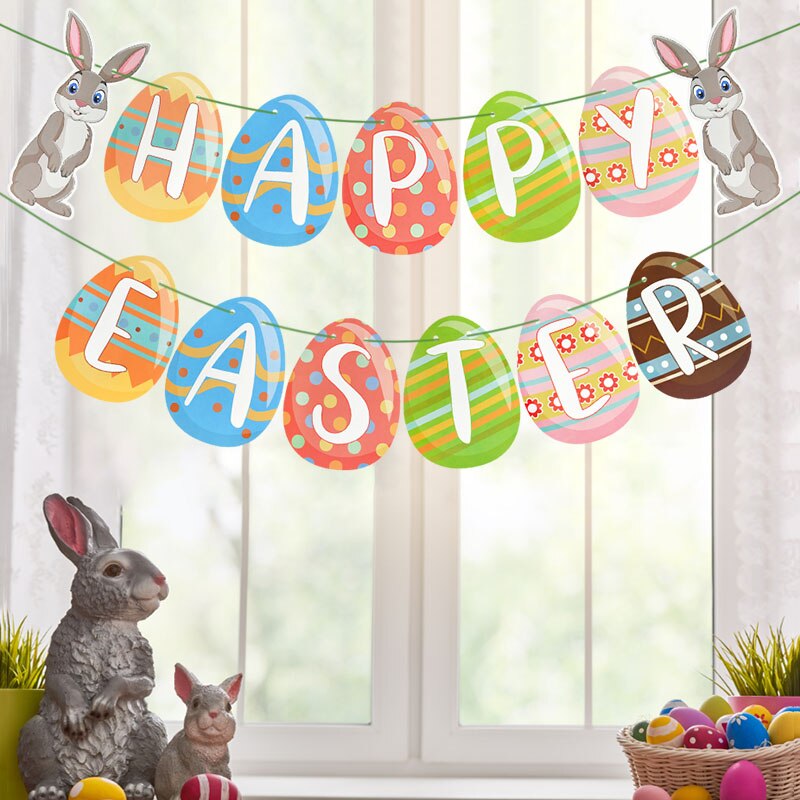 Happy Easter Party Decoration Paper Bunting Bunny Rabbit Easter Banner Flag Rabbit Easter Day Home Decor Garland Backdrop