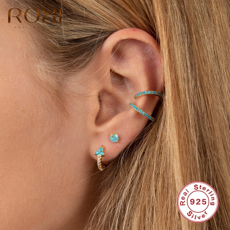 ROXI Simple Small Round Stud Earrings for Women Blue Crystals Wedding Piercing Earring Cartilage 925 Sterling Silver Orecchini