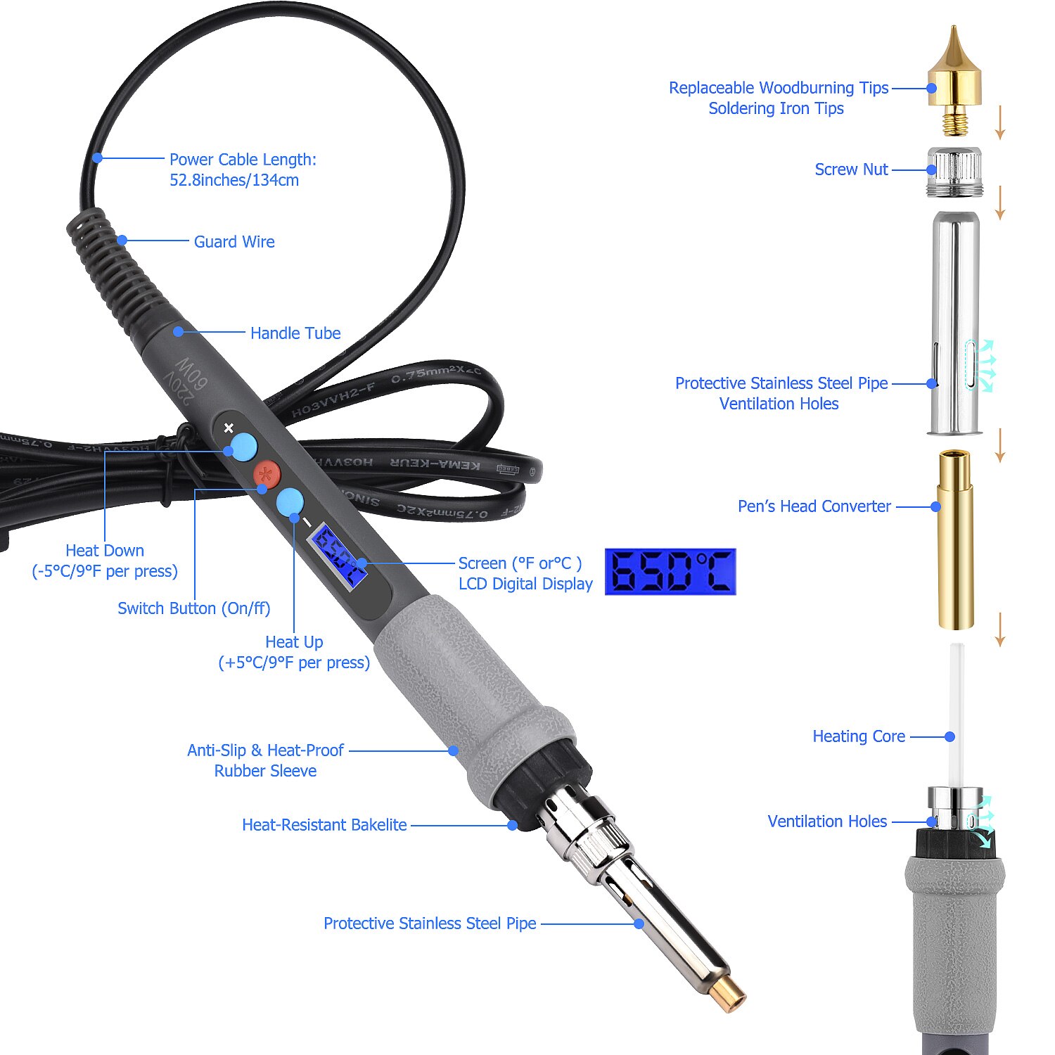 62Pcs 60W Wood Burning Kit Carving Pyrography Pen Kit Adjustable Temperature Soldering Iron Welding Wood Embossing Burning Set