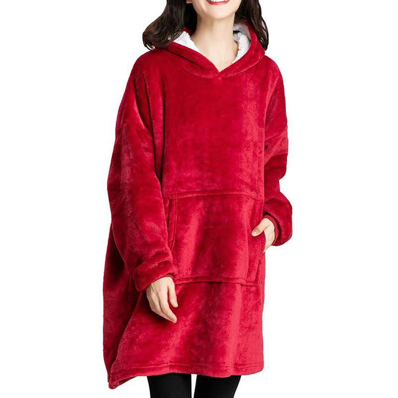 lazy plus velvet TV blanket warm winter outdoor hooded cold-proof for men and women: Red