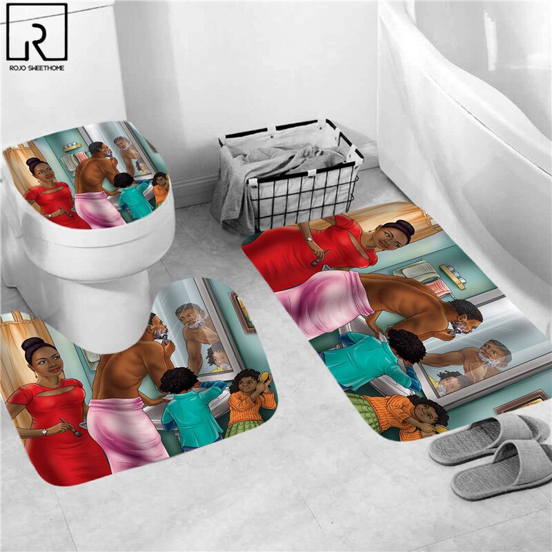 Amerikaanse Happy Familie Print Douchegordijn Polyester Waterdicht Badkamer Gordijnen Zachte Bad Rug Flanel Tapijt Anti-Slip Mat Set
