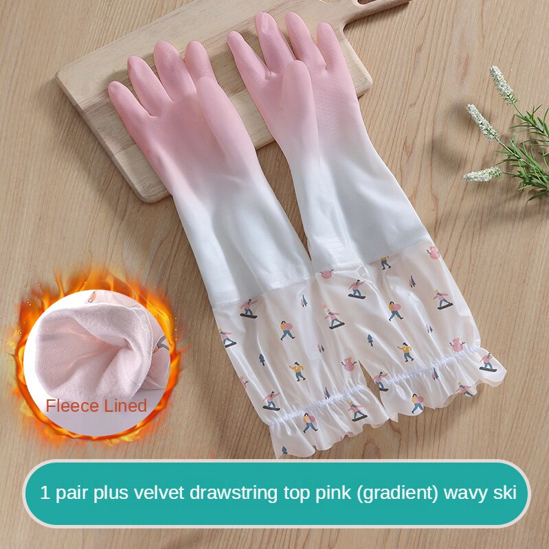Gants en caoutchouc pour femmes, cuisine, vêtements de lavage épais, vaisselle, ménage étanche, durables, Plus des gants en Latex de velours: Pink 999 wide