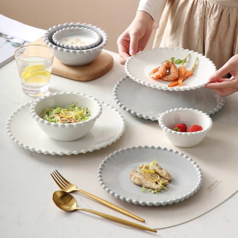 Nordic Pearl-Rim Plate Ceramics Dinnerware Set Steak Flat Tray Dessert Plate Salad Bowl Beaded Tableware Round Shape