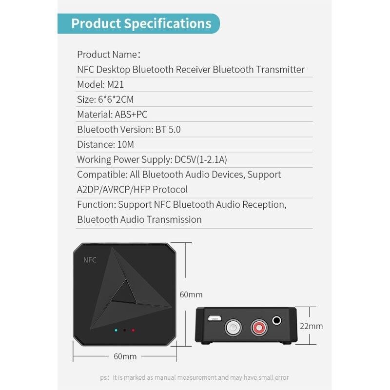 NFC Desktop Bluetooth Receiver BT Transmitter Bluetooth 5.0 3.5mm AUX Jack RCA