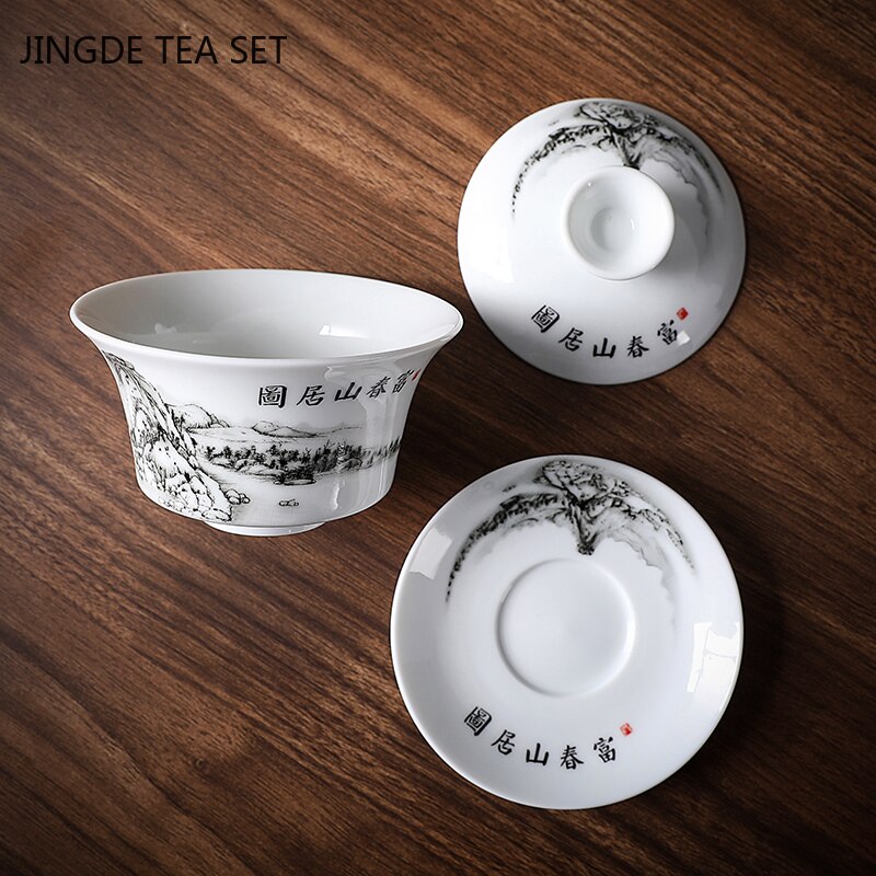 Gaiwan-tazón de té de porcelana china azul y blanca, Taza de cerámica portátil para viaje, taza individual hecha a mano, 140ml