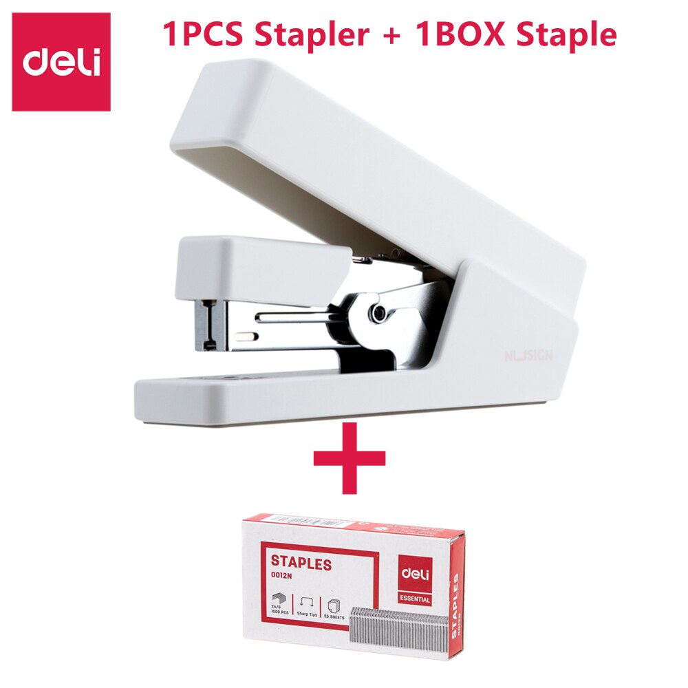 Deli Nusign Effortless Stapler With 1000 Piece Staple 24/6 26/6 Korean Stapler for Stationery Office Accessories School Supplies: White With Staple