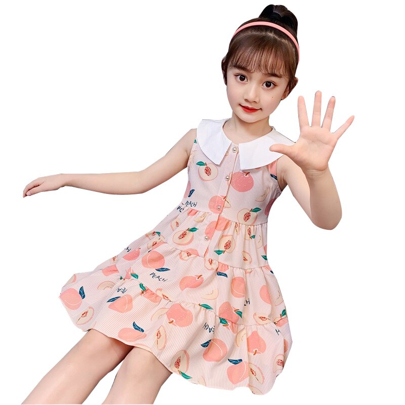 Vestito estivo da ragazza vestito Casual da bambina a trapezio al ginocchio con stampa di frutta vestito da bambina elegante in cotone con fiocco in cotone per bambina