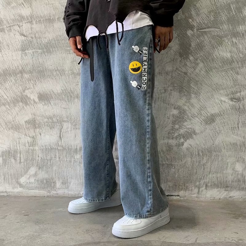 Zazomde mænd jeans efterår tegneserie tryk løse lige cropped bukser ung personlighed trend herretøj