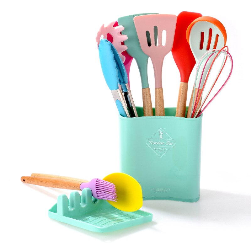 13Pcs Kitchen Silicone Cooking Utensils Set Wooden Handle Silicone Spatula Spoon Nonstick Kitchen Cooking Tools With Storage Box: Colorful