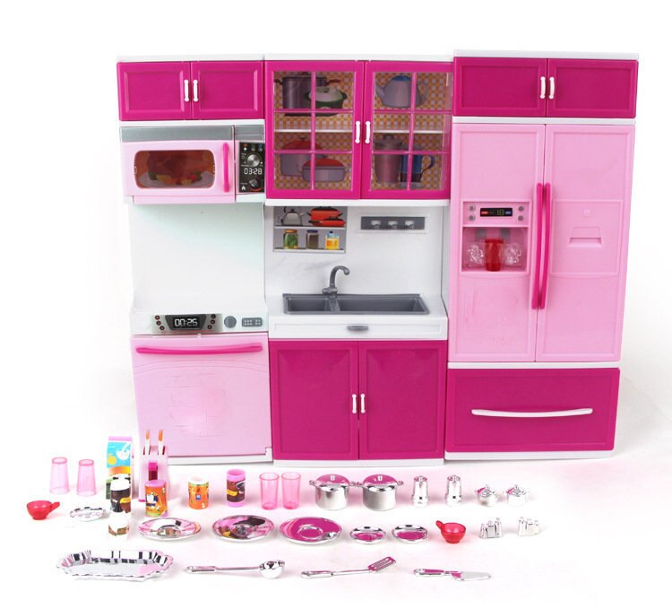 Børn store børn  /27s køkken med lyd og lyse piger foregiver madlavning legetøjssæt pink simulering skab legetøjsmad
