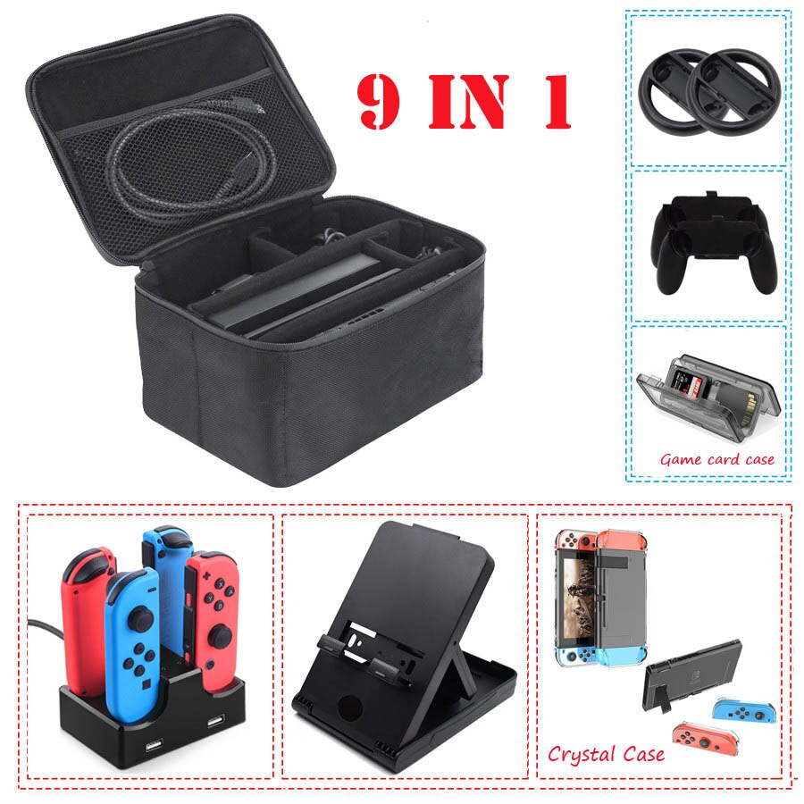 9 In 1 Kit Grote Beschermhoes Opbergtas Voor Nintendo Switch Console Charger Handgrepen & Stuurwielen Crystal Shell stand: Black