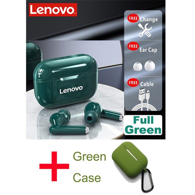 Lenovo-auriculares inalámbricos LP1 con TWS, cascos deportivos impermeables con Bluetooth 5,0, micrófono con cancelación de ruido, estéreo Dual, HIFI, bajos táctiles: green with case