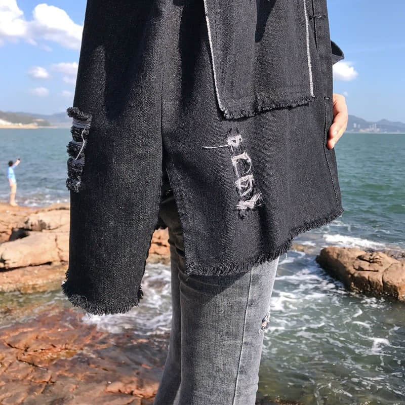 NiceMix Frühling Denim Mantel Frauen Lange Hülse Plus Größe Gedruckt Jean Jacke Loch Freund Stil Streetwear Jacken Mantel