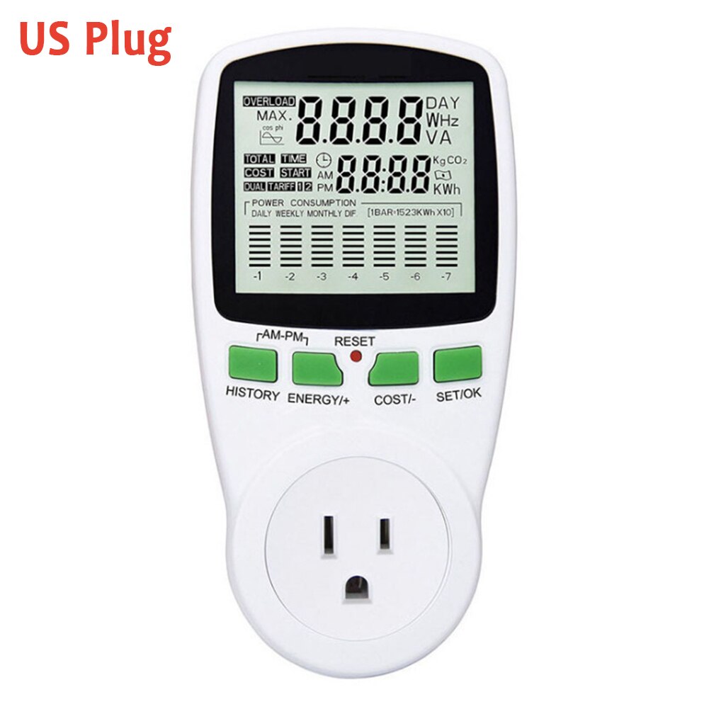 2 pin kwh mittaus watti digitaalinen kodin tehonäyttö analysaattori älykäs tehomittari kannettava sähkö eu us pistoke pistorasialla 230v