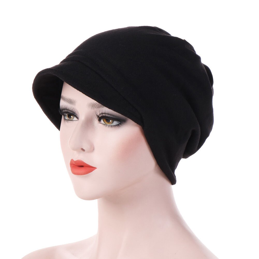 Las mujeres de algodón cálido a prueba de viento gorro de quimioterapia sombrero musulmán cabeza gorro envolvente otoño sombreros gorra de gorros de lana para quimioterapia arcos accesorios para el cabello: Black