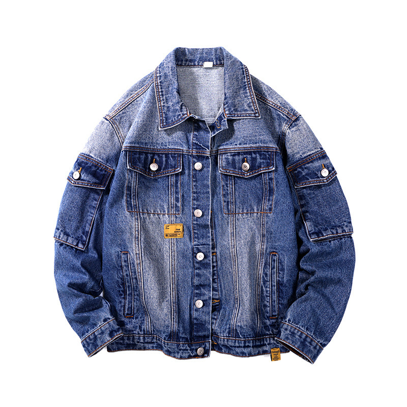 Multi-pocket Cargo denim jacket Autumn winter Men's Retro Blue Casual Washed Jean Jacket Coat Loose Cowboy Outerwear Male