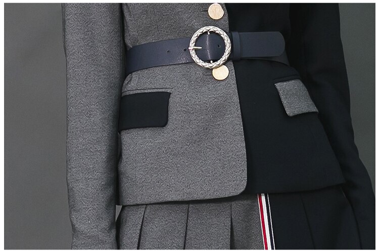 Conjuntos de ropa Chic de otoño para mujer, ropa de trabajo, chaqueta de retazos negra y gris, conjunto de dos piezas para mujeres, traje de oficina SL001