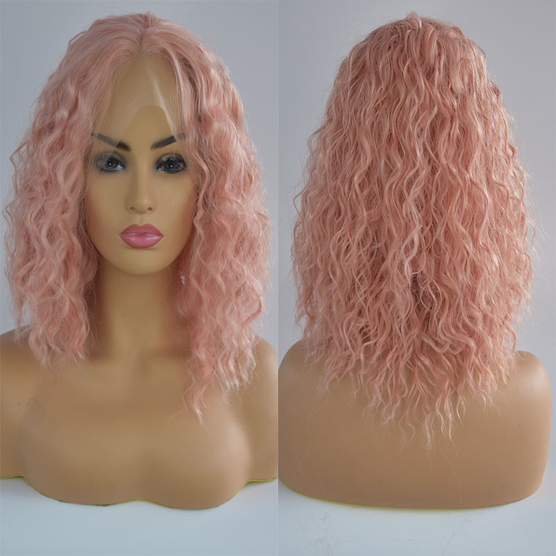 Bombshell Rose Goud Roze Korte Bob Synthetische Haarkant Bouncy Krullend Hittebestendige Vezel Middenscheiding Voor Vrouwen pruiken