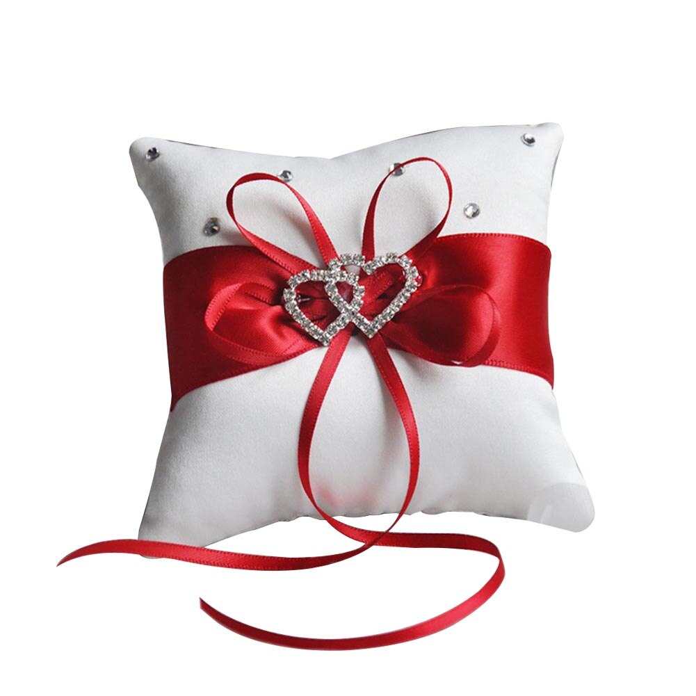 Wedding Ring Pillow Ribbon Bowknot Rhinestones Heart Decoration Party Satin Cushion INTE99: Red 20x20CM