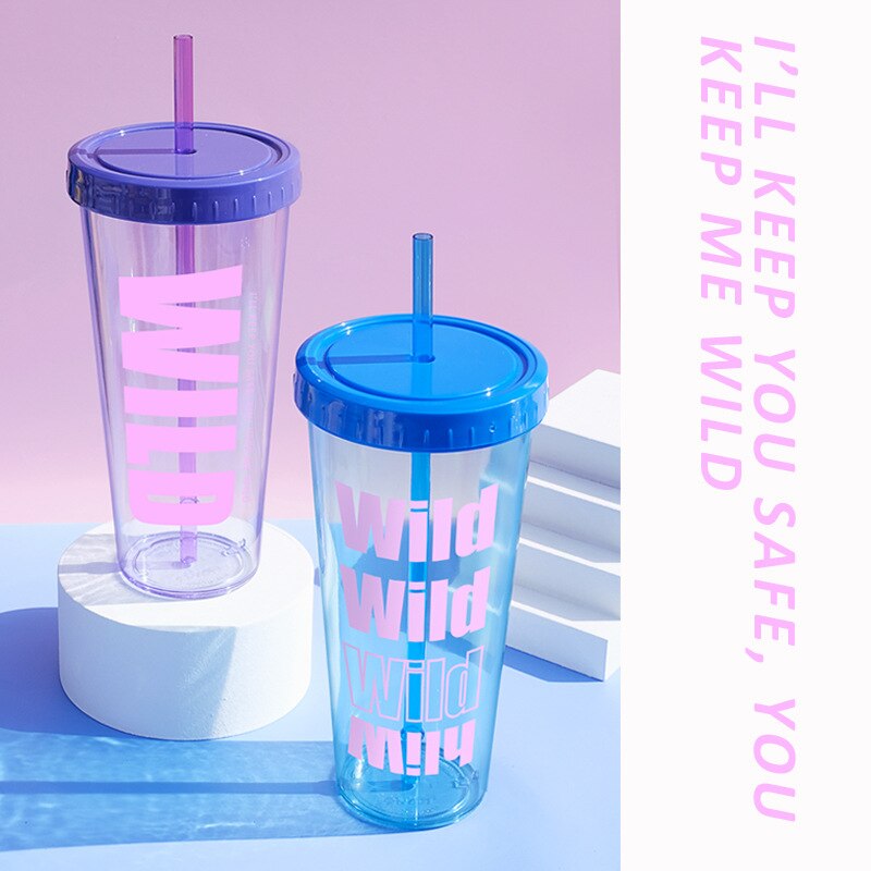 1Pc 640Ml Hoge Capaciteit Transparante Dubbele Pipet Cup Water Cup Kleine Plastic Beker Glas drinkware Water Flessen
