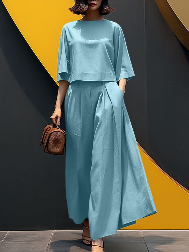 ZANZEA Summer 2pcs Outfits Women Pant Sets Baggy Blouse Wide Leg Trousers Suit Solid Work Tracksuits Matching Sets: S / Light  Blue