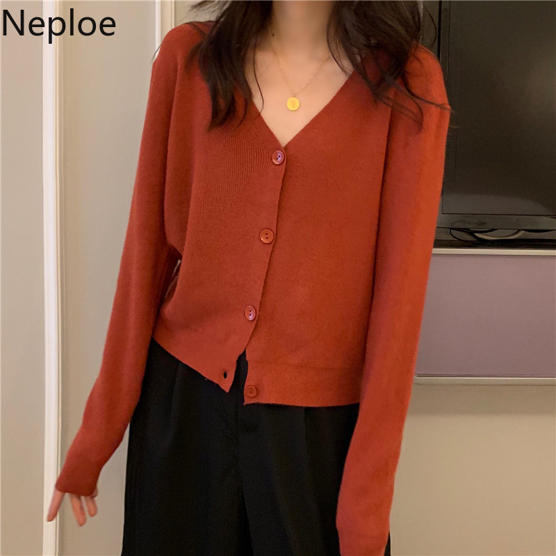 Neploe løs skør stil enkelt bryst sweater cardiagns kvindelig v-hals langærmet strikket jumper pull femme frakke solid løs 48010
