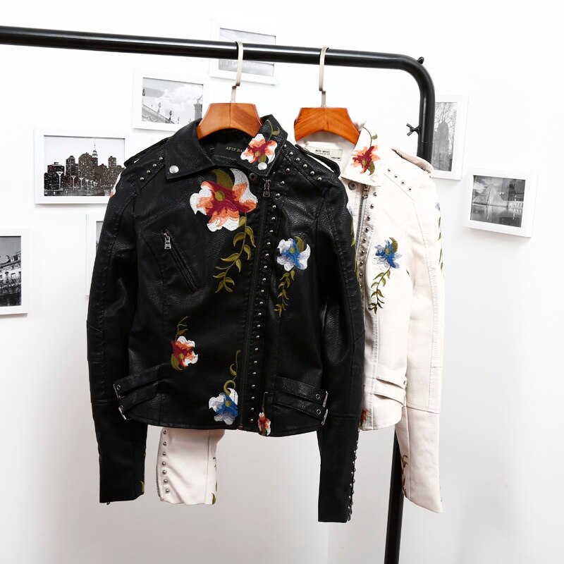 FTLZZ-chaqueta de cuero PU con bordado Floral para mujer, abrigo con cuello vuelto, ropa de calle, prendas de vestir Punk negras para motocicleta