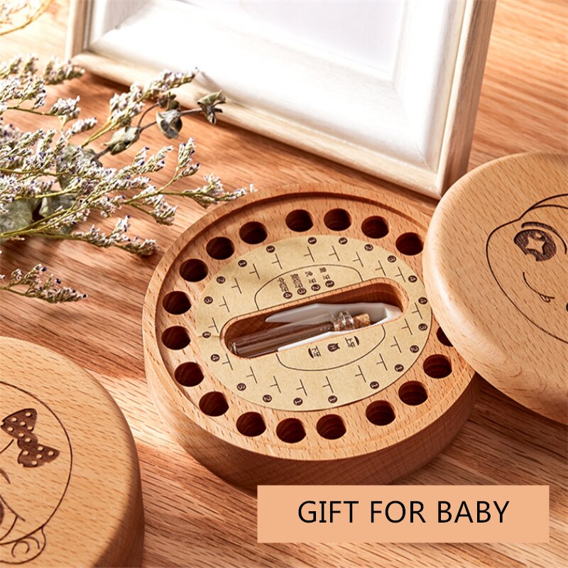 Wooden Baby Teeth Storage Box English Kids Milk Teeth Umbilical Lanugo Organizer Deciduous ToothKeepsakes Save