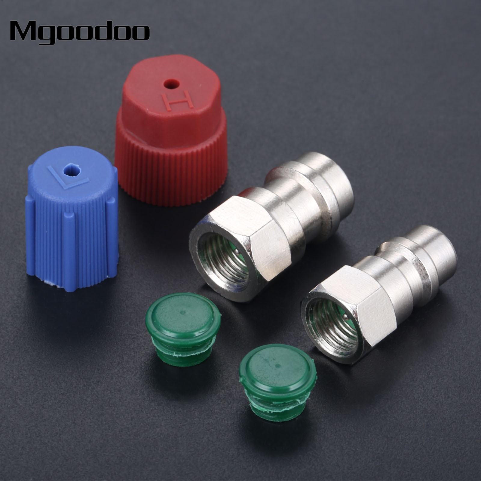 Mgoodoo AC Fitting Port Adapter Retrofit R12 To Accept R134 1/4" To 7/16" High Low Side Quick Coupler W/ Valve Core AC Caps
