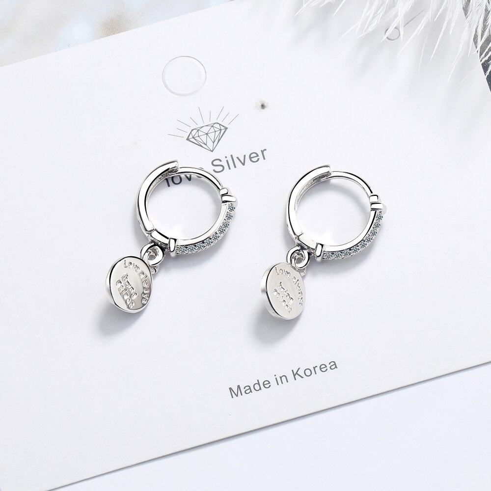 ANENJERY Silver Color Round Disc English Letters Hoop Earrings Sparkling Cubic Zircon Earring S-E1079