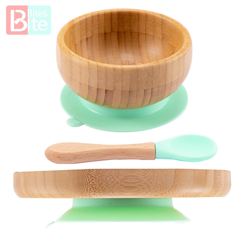 Bol en bambou d'alimentation pour bébé, cuillère anti-éclaboussures en Silicone assiettes à dîner pour bébé vaisselle pour nourrissons 3 pièces/ensemble