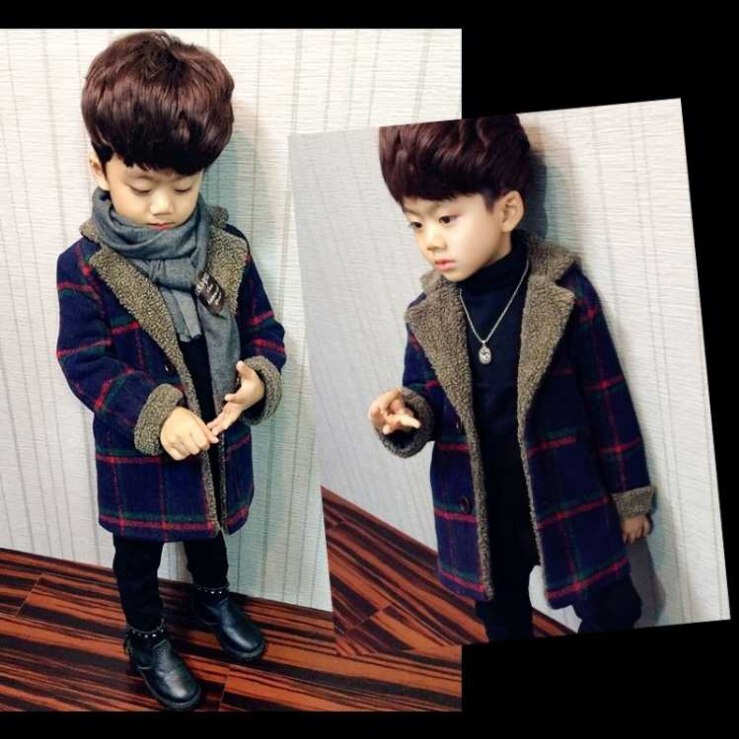 Meninos casacos de lã outono e inverno bebê meninos jaquetas longo acolchoado mais xadrez quente criança roupas casacos outerwear