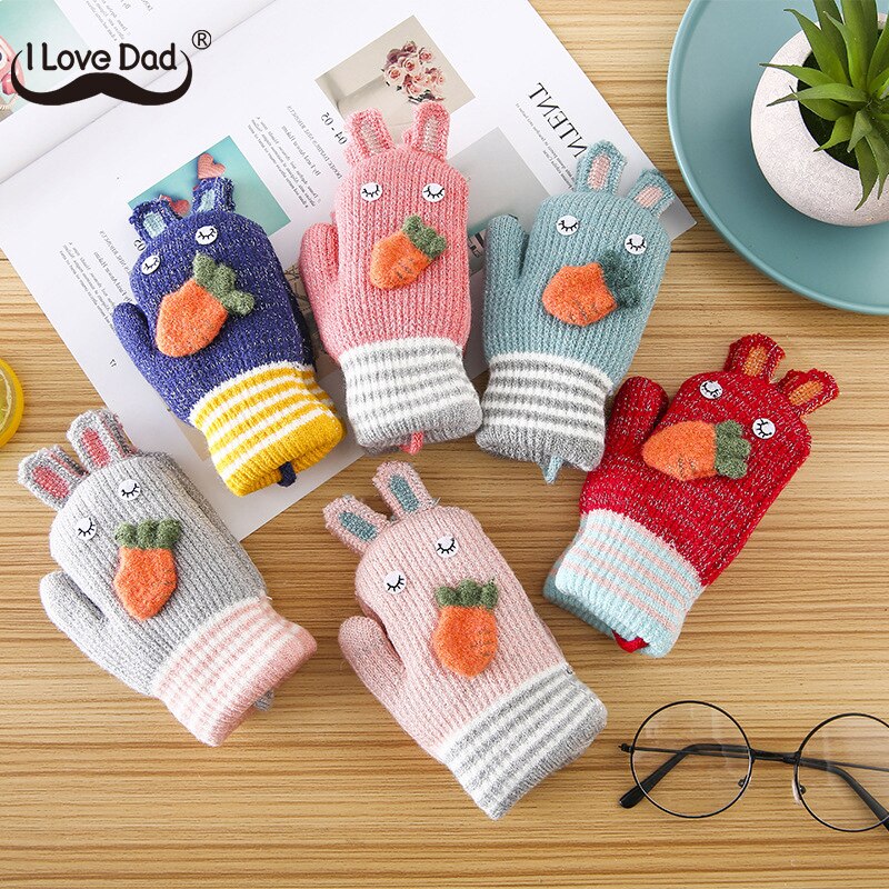 Cartoon Bunny Warme Baby Handschuhe Winter Kinder Kleinkind Baby Fäustlinge gestrickte Dicke Mädchen Jungen Nette Karotte Volle Finger Handschuhe