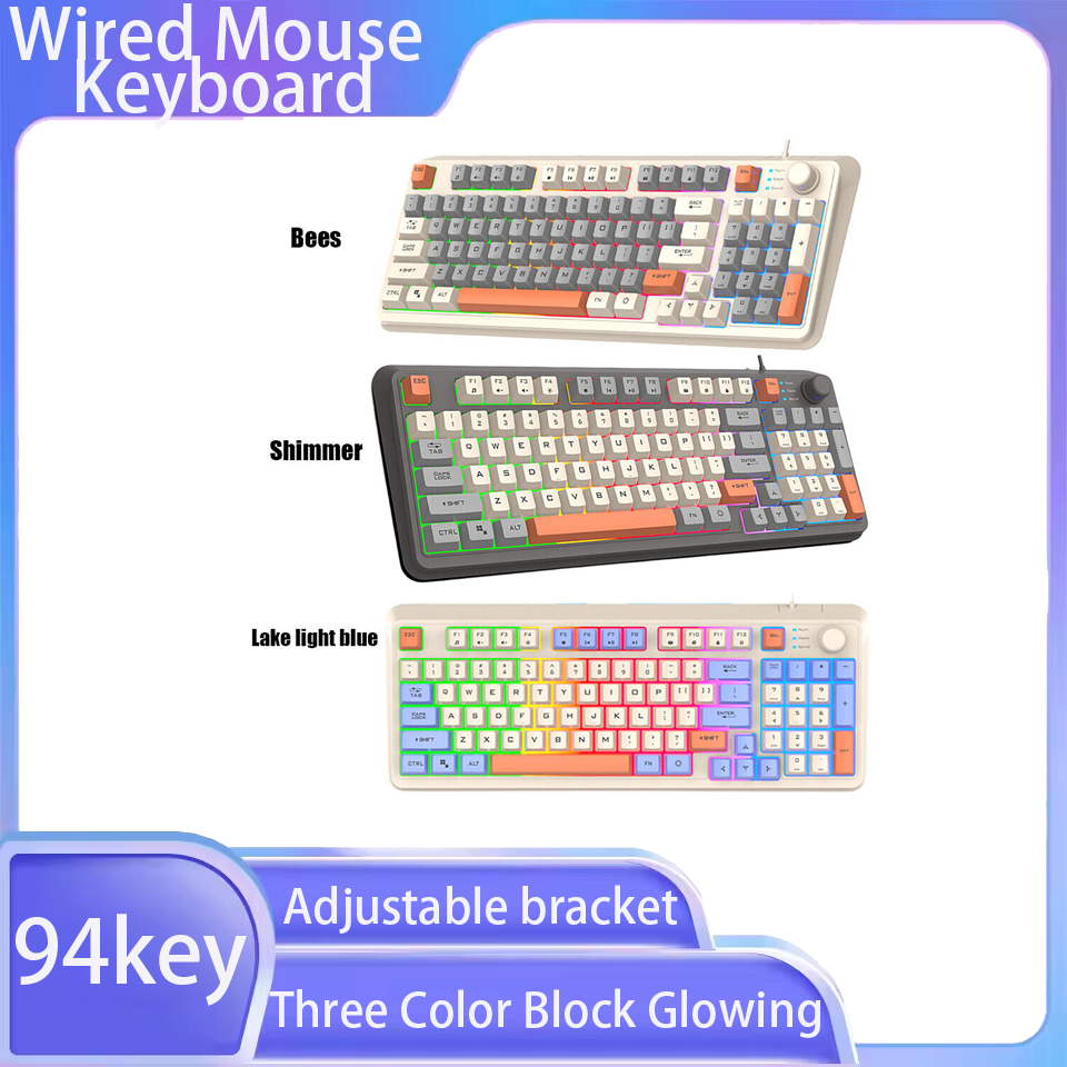 Klawiatura mechaniczna przewodowa 94 klawisze, mysz, trzy kolory podświetlenia, regulowany wspornik, niezależna regulacja głośności, do gier i biura.