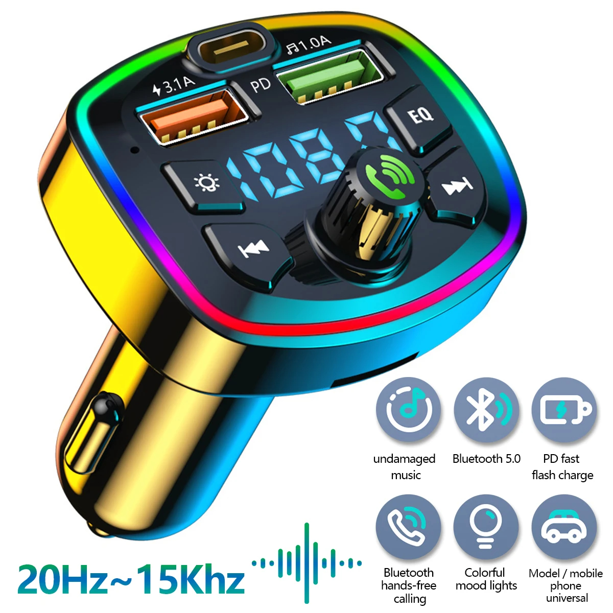 Auto MP3 Spieler Bluetooth 5.0 FM Absender Freisprecheinrichtung Autoradio Modulator mit integriertem Mikrofon USB Schnellladeadapter für Auto