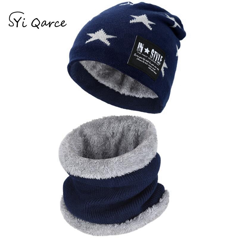 SYi Qarce 2 uds niños cálido invierno grueso sombrero de punto con bufanda conjunto Skullies gorros para niñas de 6-12 años de edad: Navy