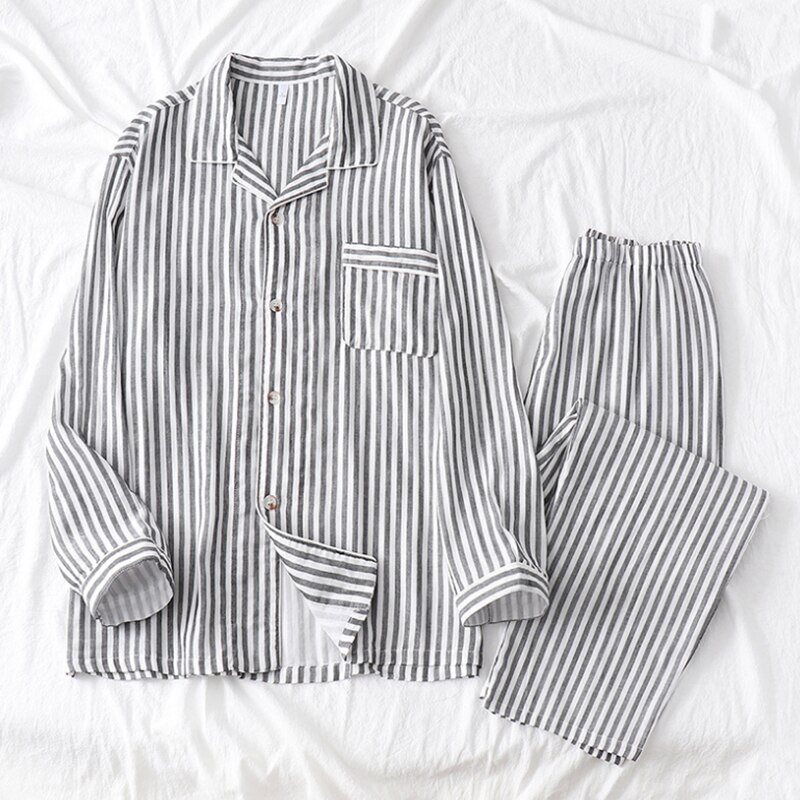 Conjunto de pijama de gasa de crepé doble para hombre y mujer, ropa de dormir con Camisa larga de algodón camisón de manga larga, novedad: stripe / XL