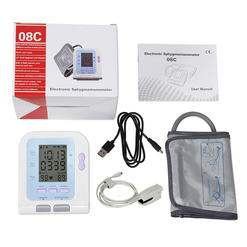 CONTEC08C Blood Pressure Monitor Upper Arm Electronic Sphygmomanometer Adult Cuff Oscillometry+Digital Integrative SpO2 Probe