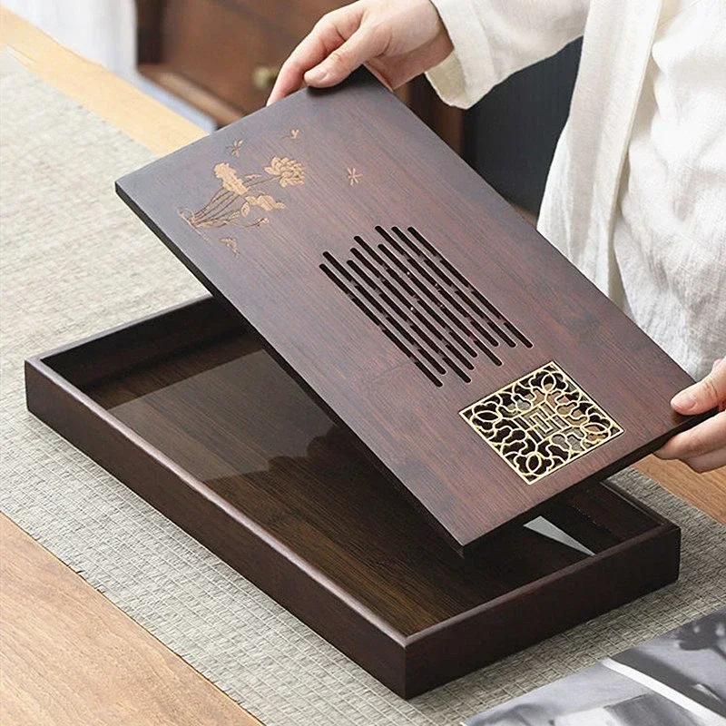 Style Natural Bamboo Tea Tray Rectangle Drainage Water Storage Trays Household Drawer Tea Board Chinese Tea Set Decor Accessorie