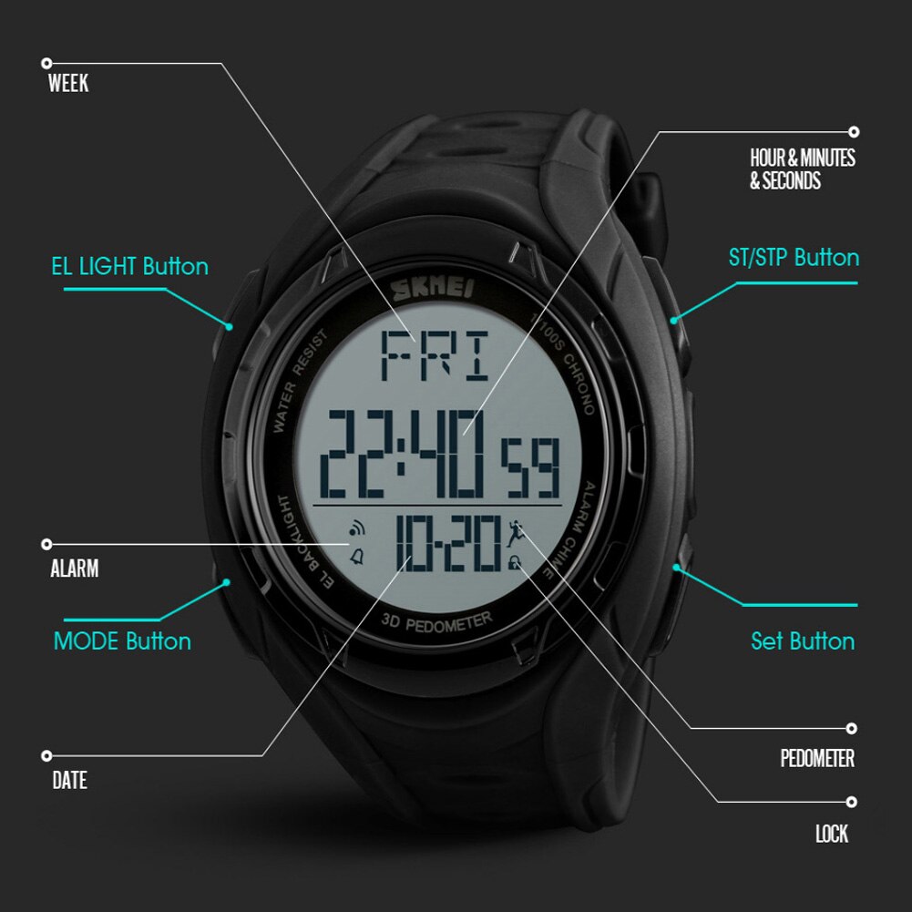 Skmei 1315 heren stappenteller sporthorloge calorieënteller waterdicht digitaal polshorloge el licht